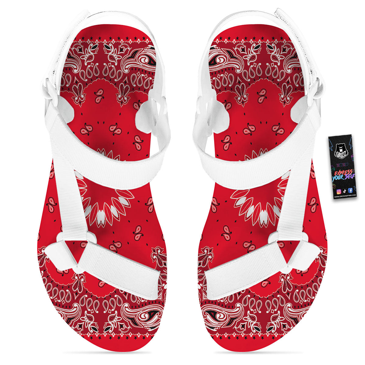 Paisley Bandana White And Red Print White Open Toe Sandals-grizzshop