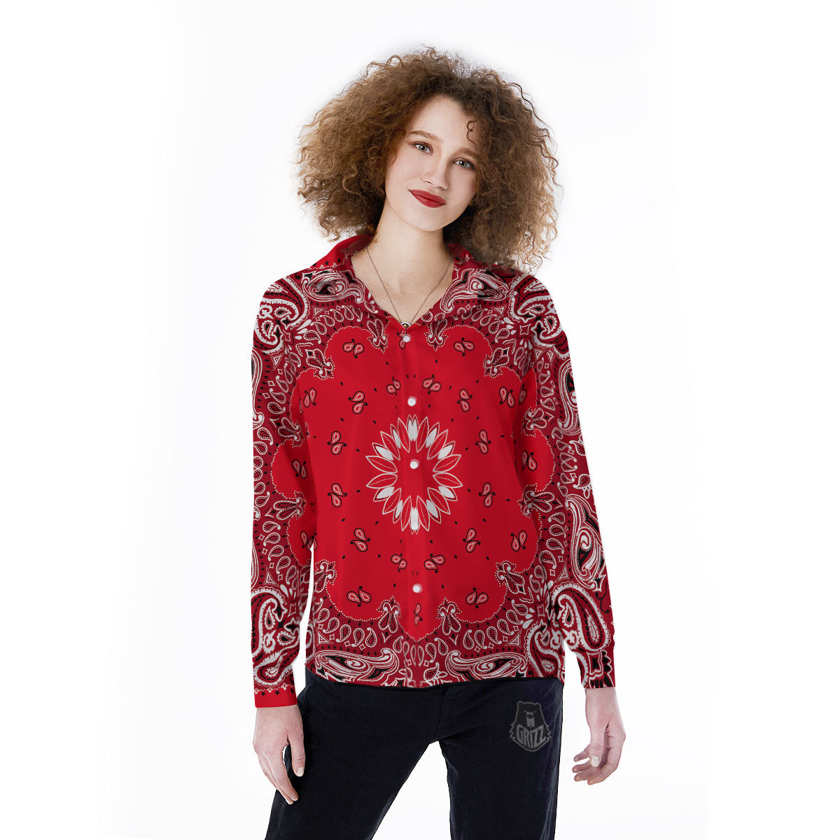 Paisley Bandana White And Red Print Women's Long Sleeve Shirts-grizzshop