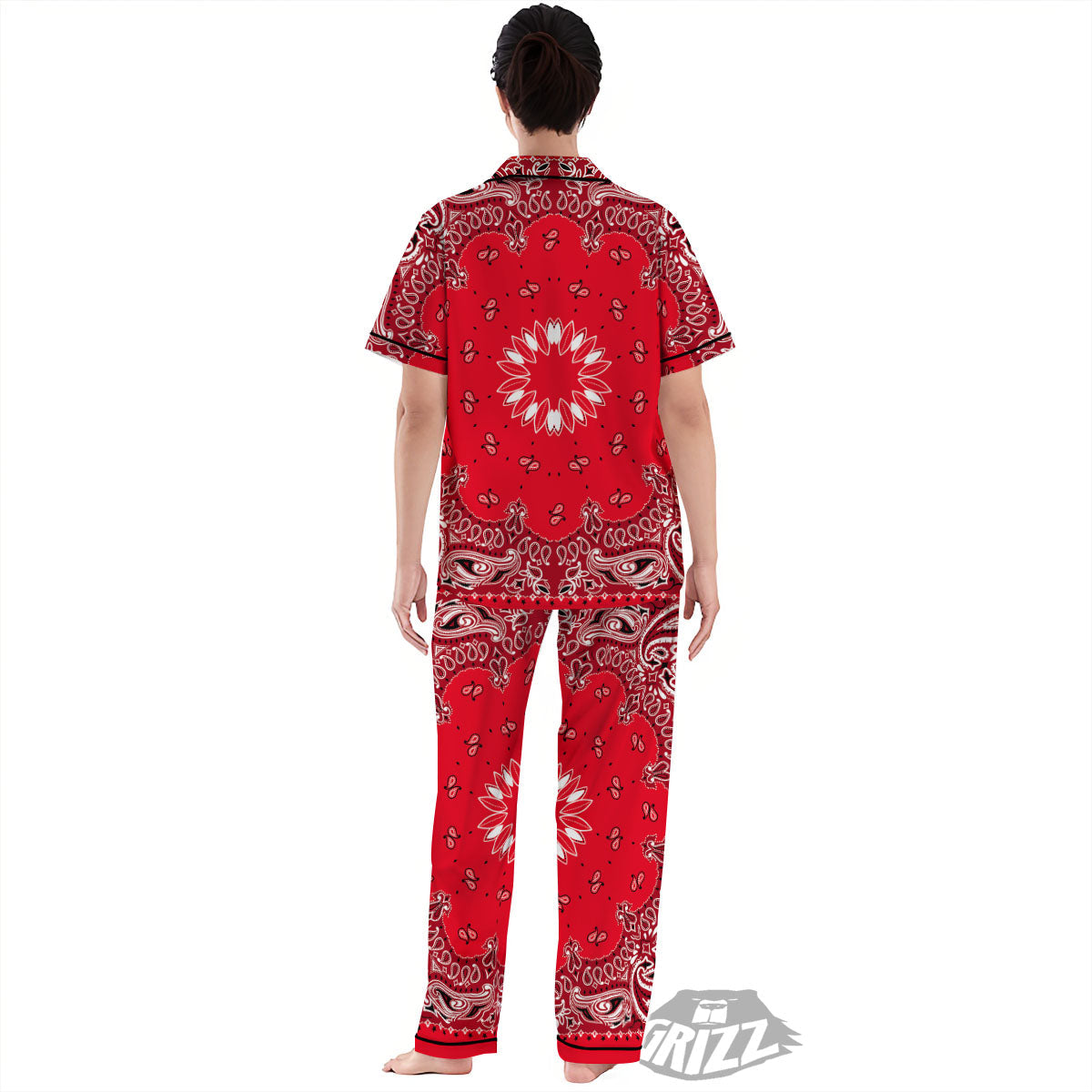 Paisley Bandana White And Red Print Women's Pajamas Set-grizzshop