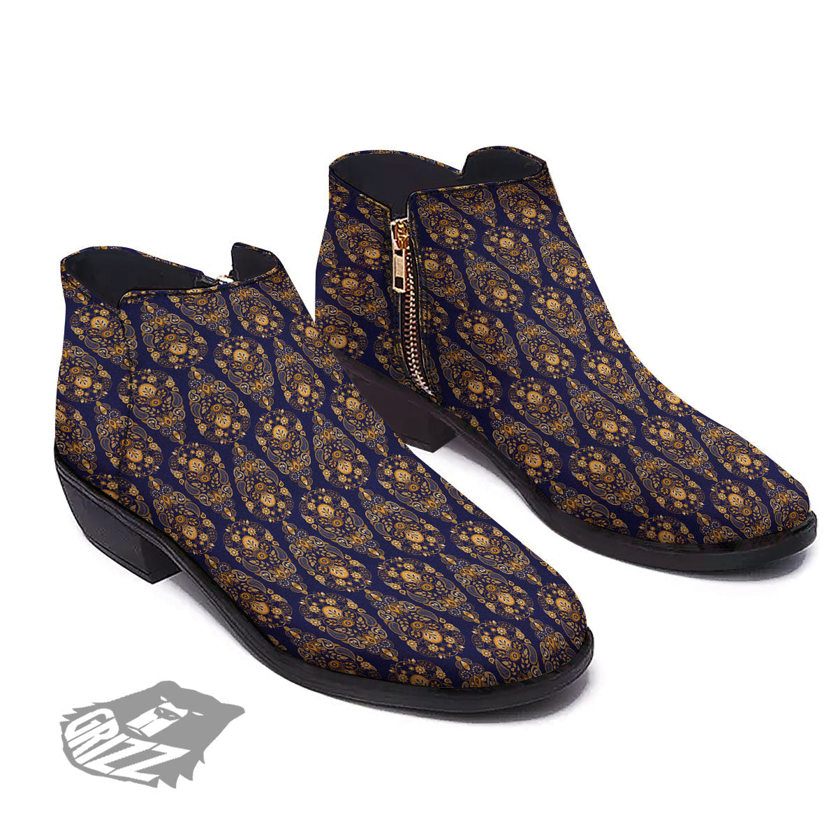 Paisley Blue And Gold Print Pattern Ankle Boots-grizzshop
