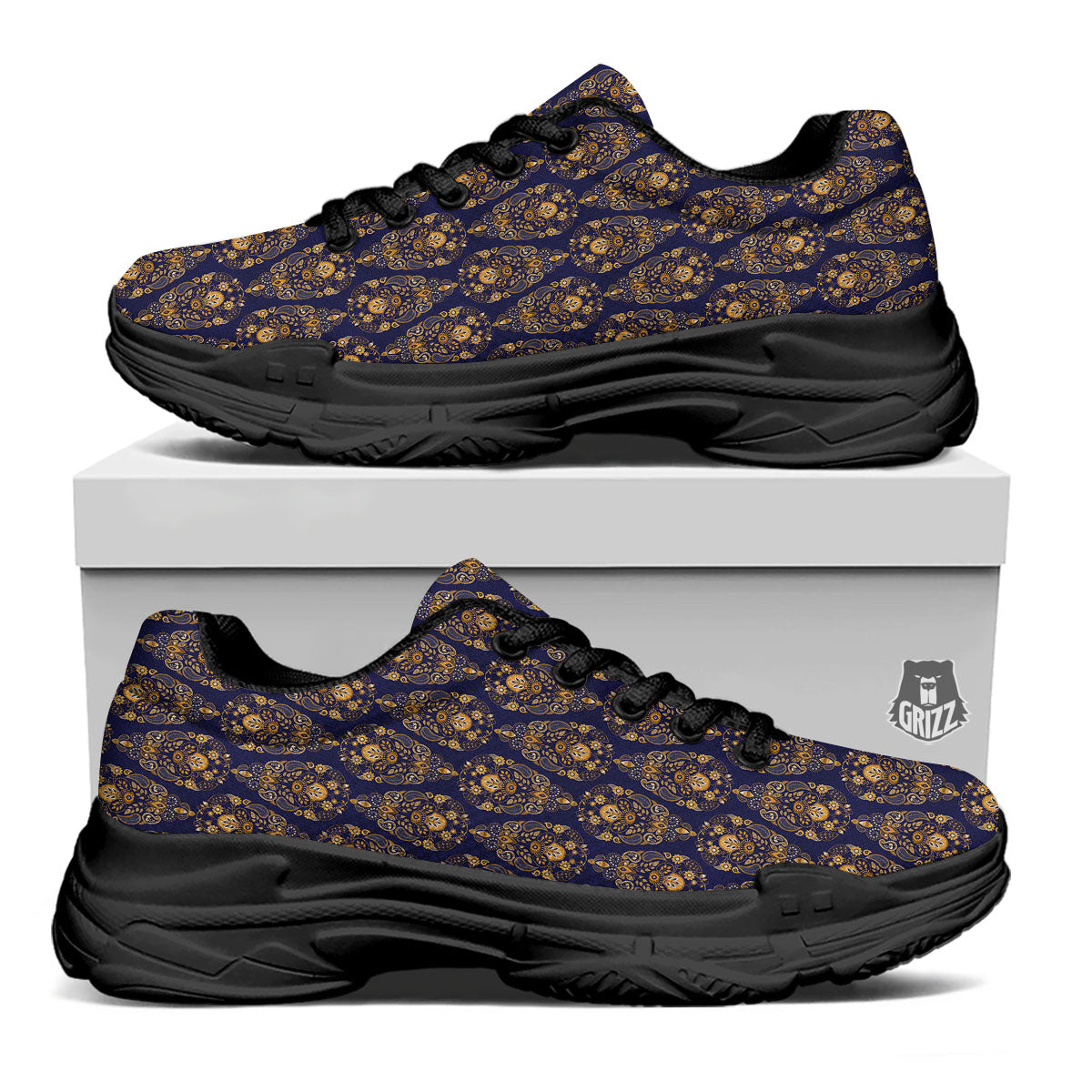 Paisley Blue And Gold Print Pattern Black Chunky Shoes-grizzshop