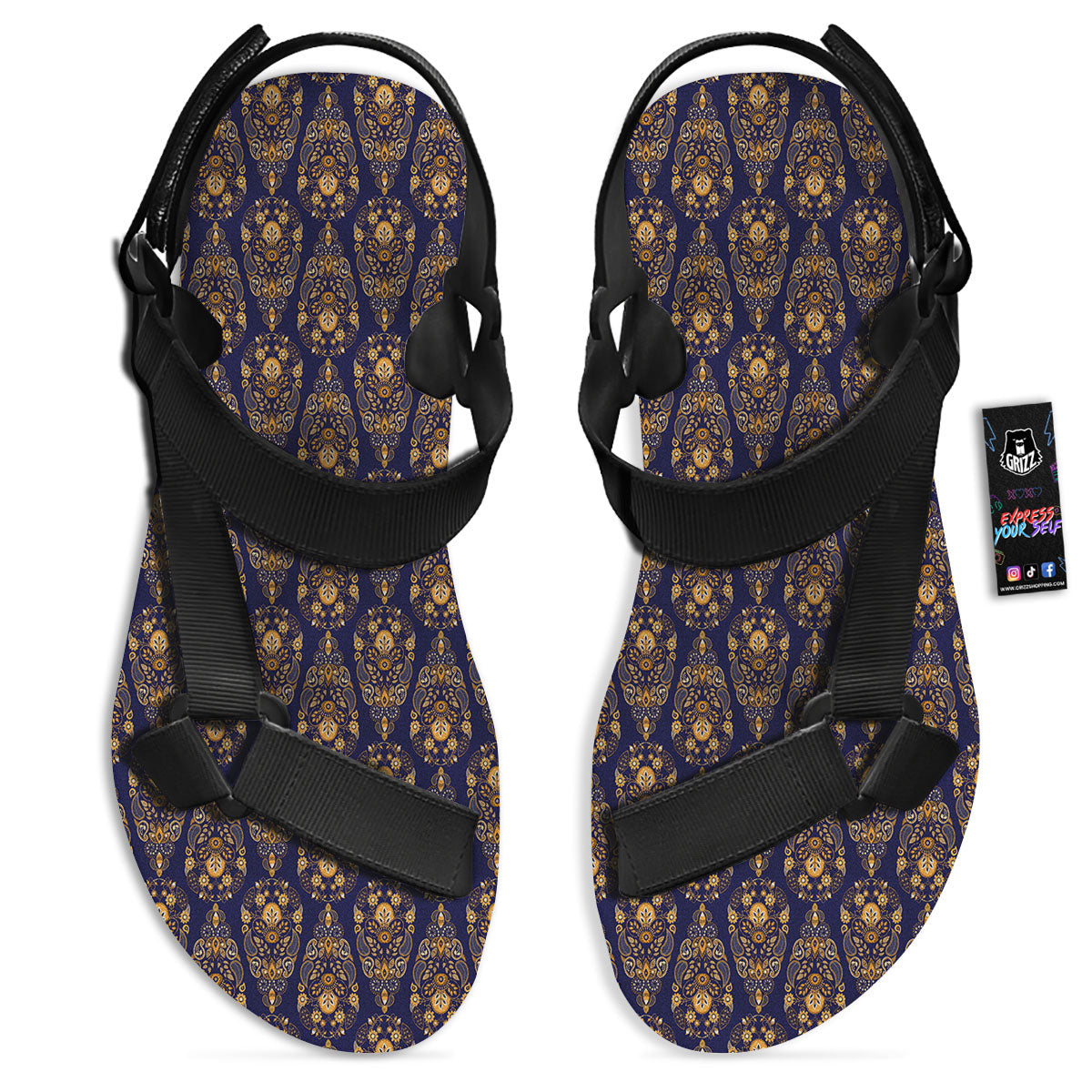 Paisley Blue And Gold Print Pattern Black Open Toe Sandals-grizzshop