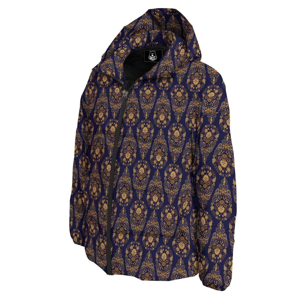 Paisley Blue And Gold Print Pattern Down Jacket-grizzshop