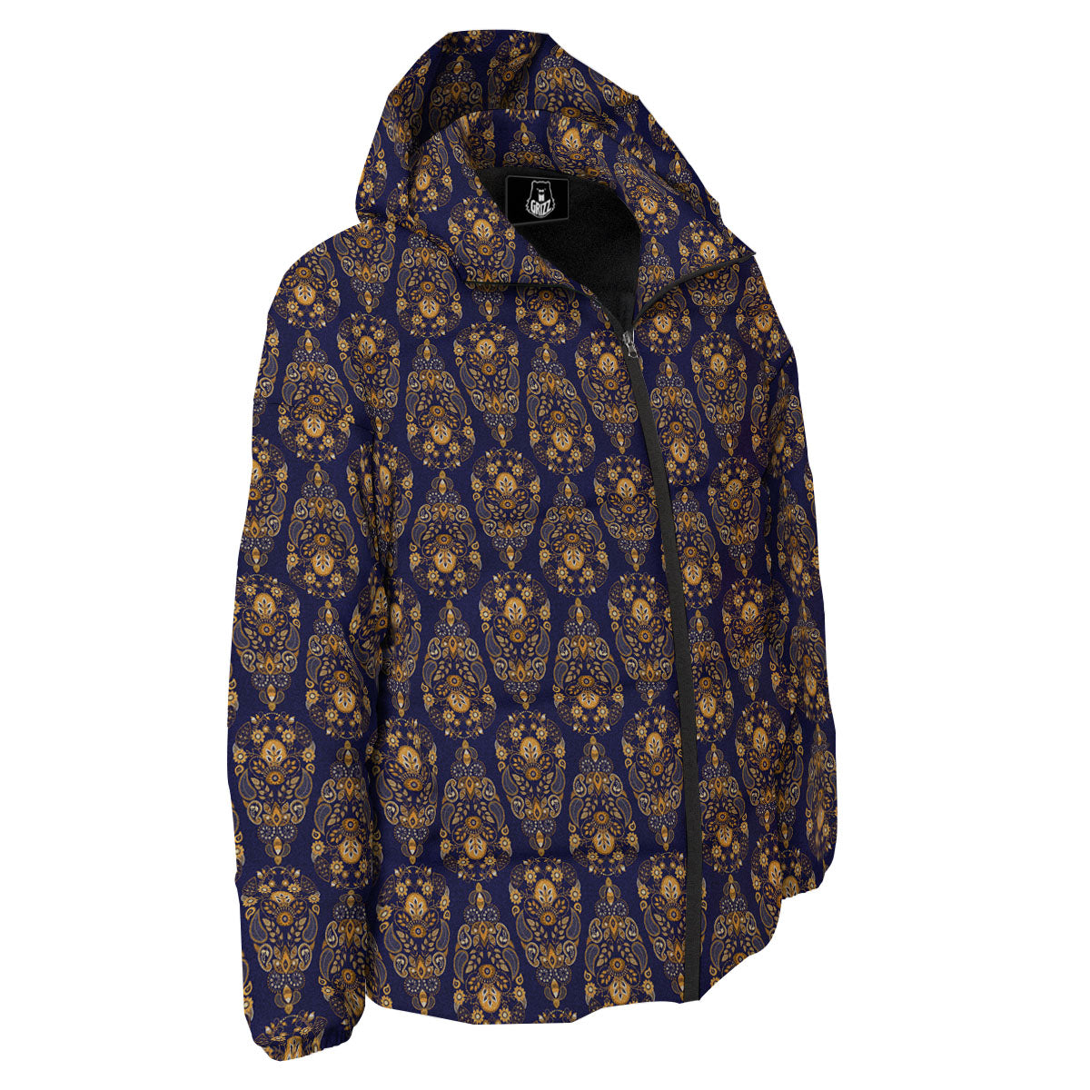 Paisley Blue And Gold Print Pattern Down Jacket-grizzshop