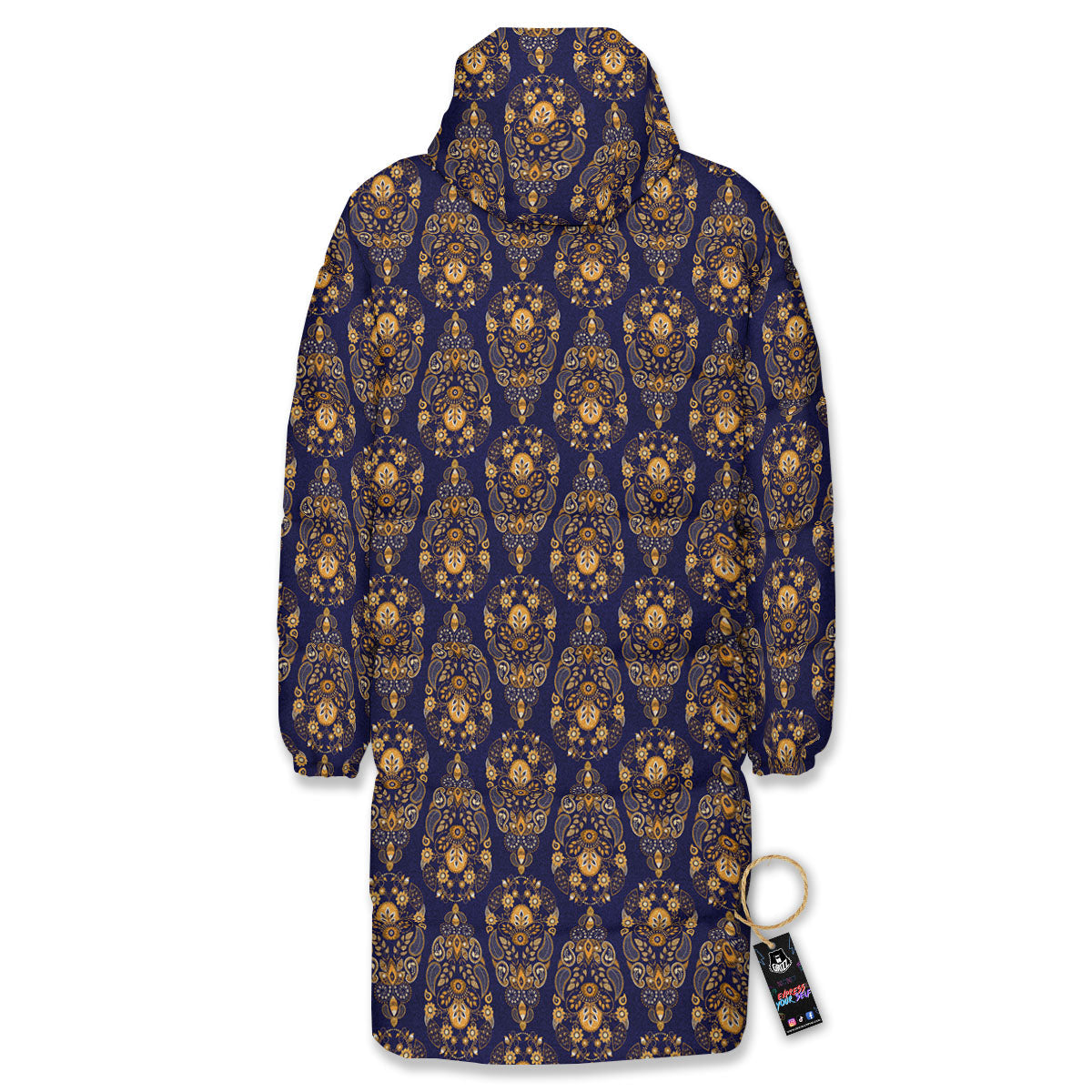 Paisley Blue And Gold Print Pattern Long Down Jacket-grizzshop