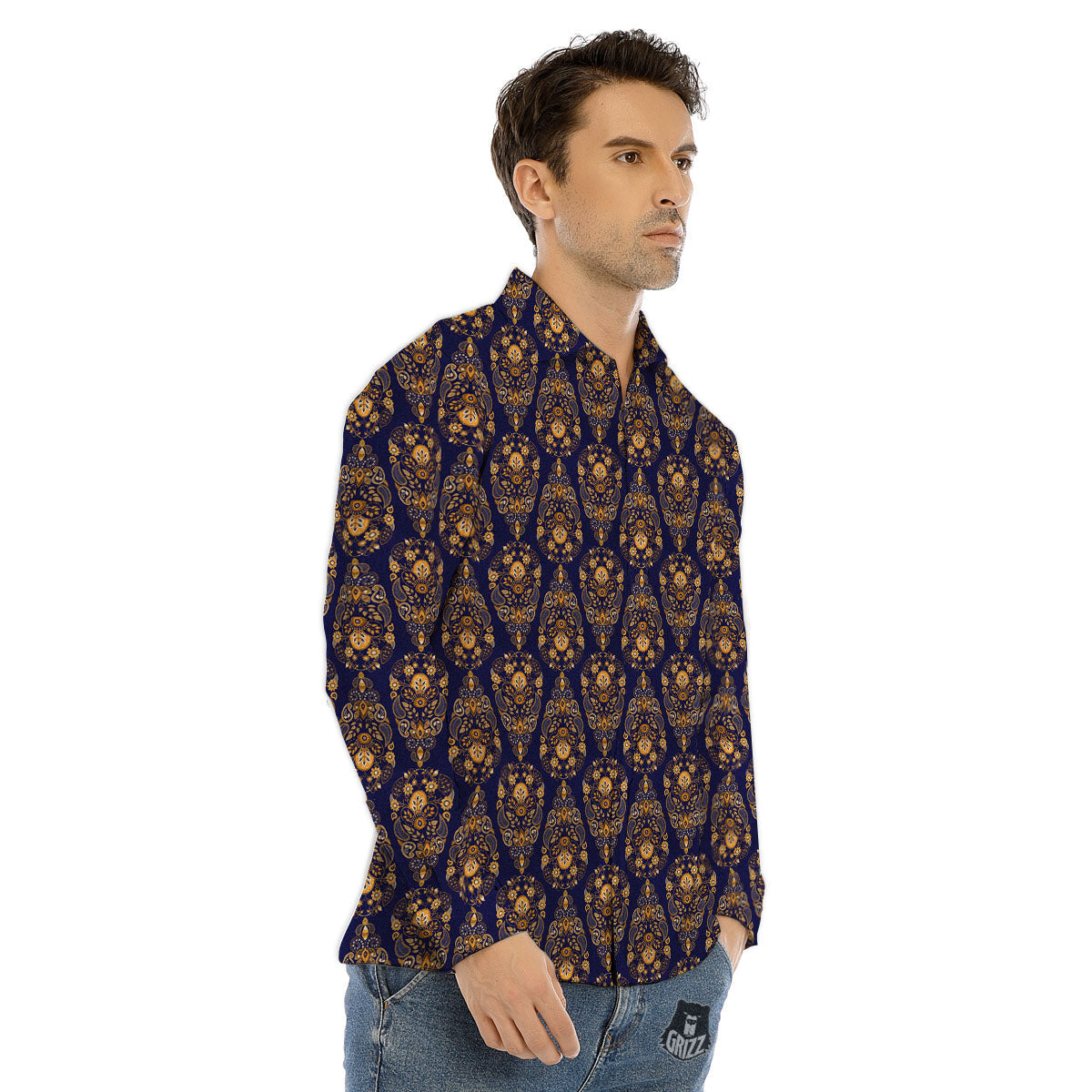 Paisley Blue And Gold Print Pattern Men's Dress Shirts-grizzshop