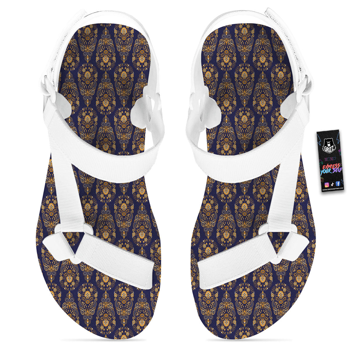 Paisley Blue And Gold Print Pattern White Open Toe Sandals-grizzshop