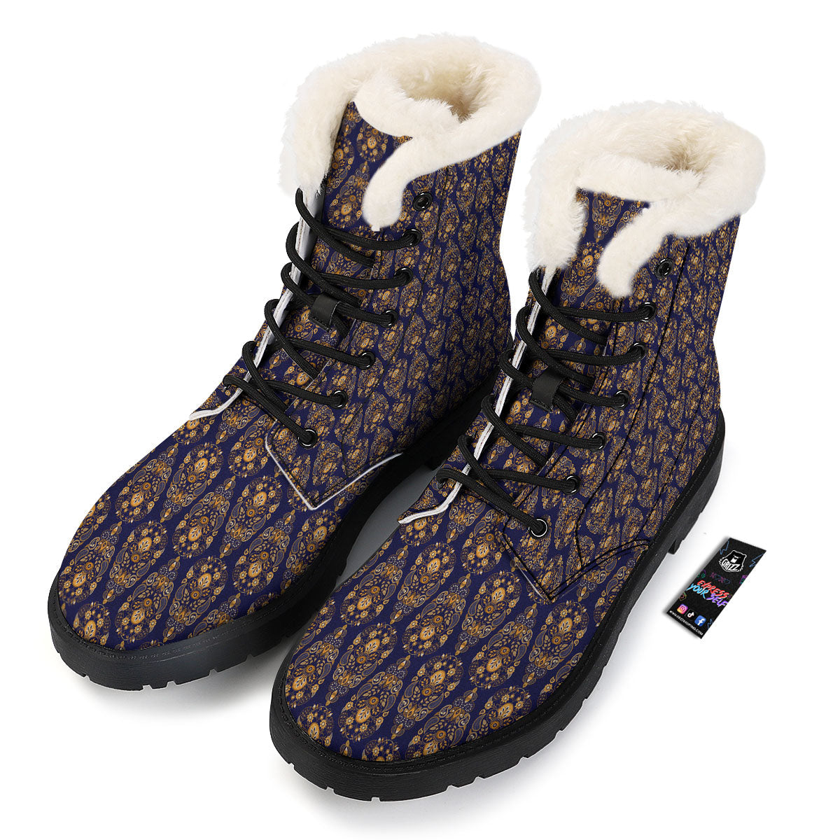 Paisley Blue And Gold Print Pattern Winter Boots-grizzshop