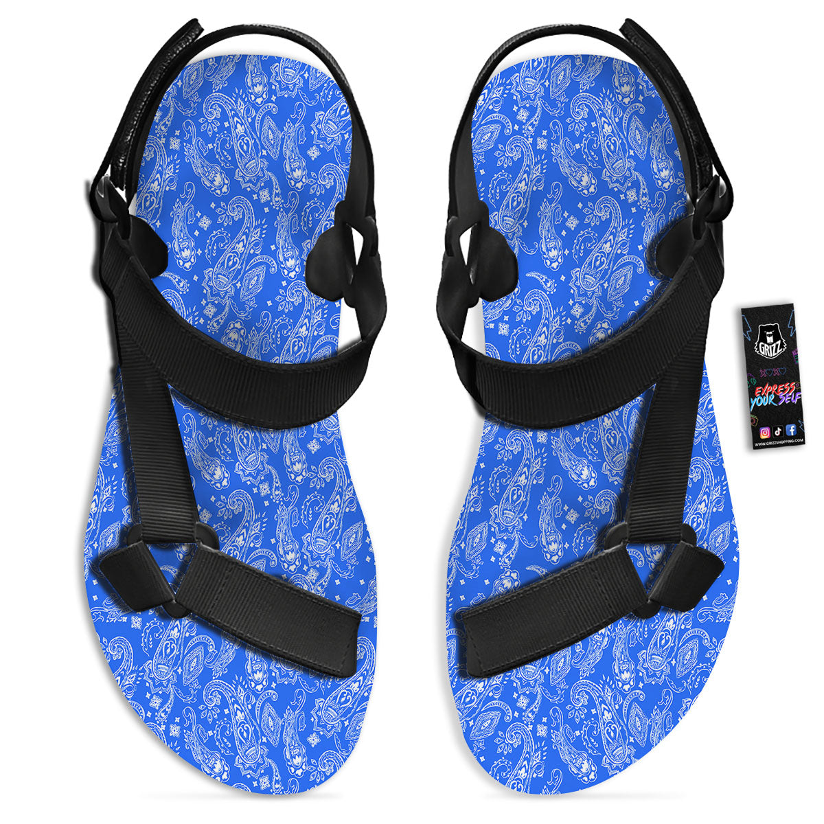 Paisley Blue Bohemian Print Pattern Black Open Toe Sandals-grizzshop