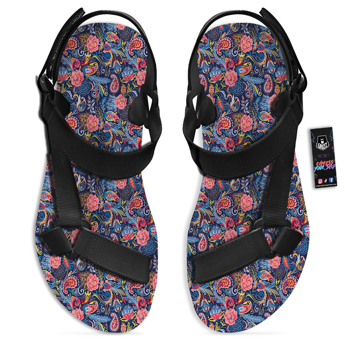 Paisley Blue Print Pattern Black Open Toe Sandals-grizzshop