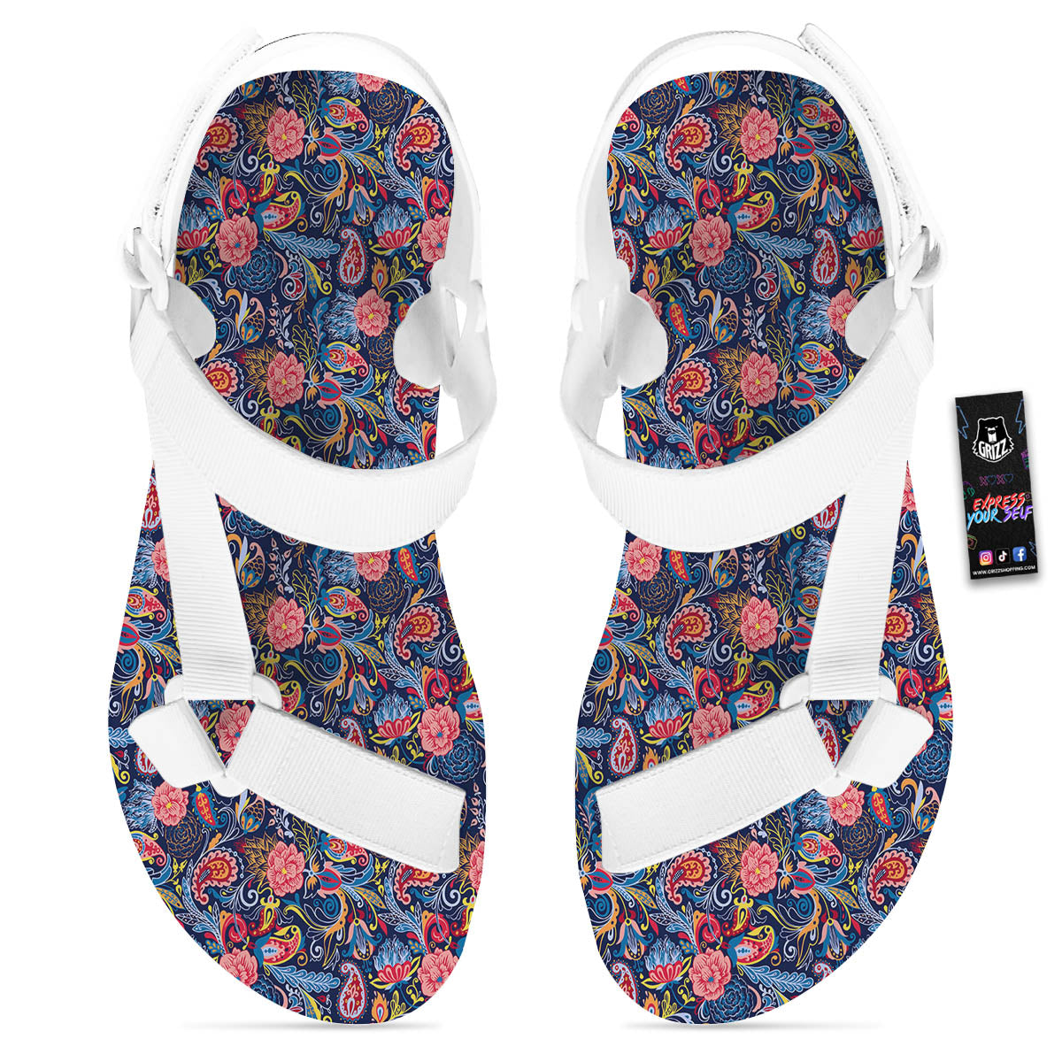 Paisley Blue Print Pattern White Open Toe Sandals-grizzshop