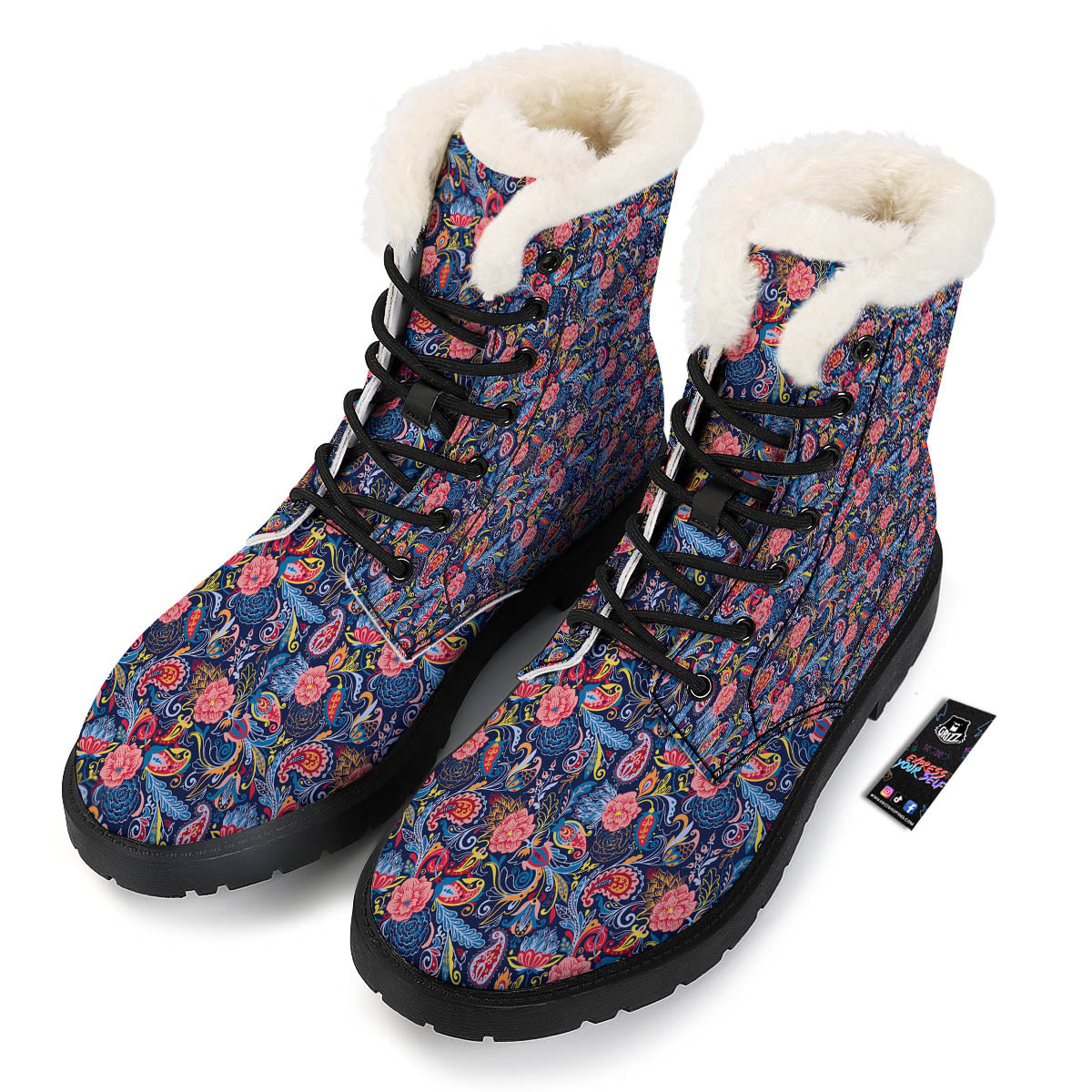 Paisley Blue Print Pattern Winter Boots-grizzshop