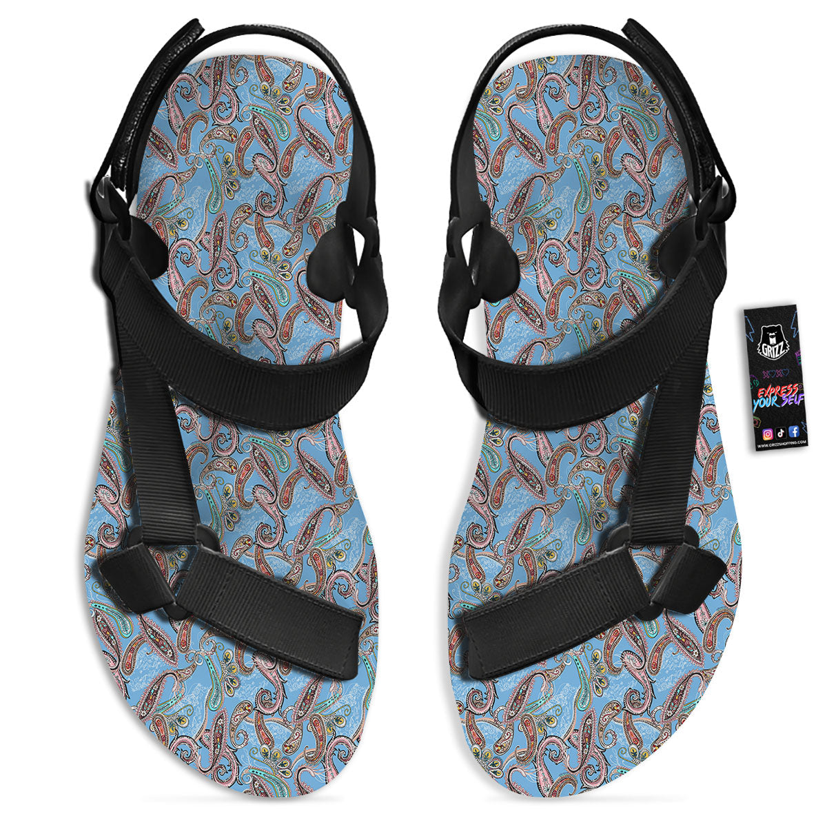 Paisley Bohemian Blue Sky Print Pattern Black Open Toe Sandals-grizzshop