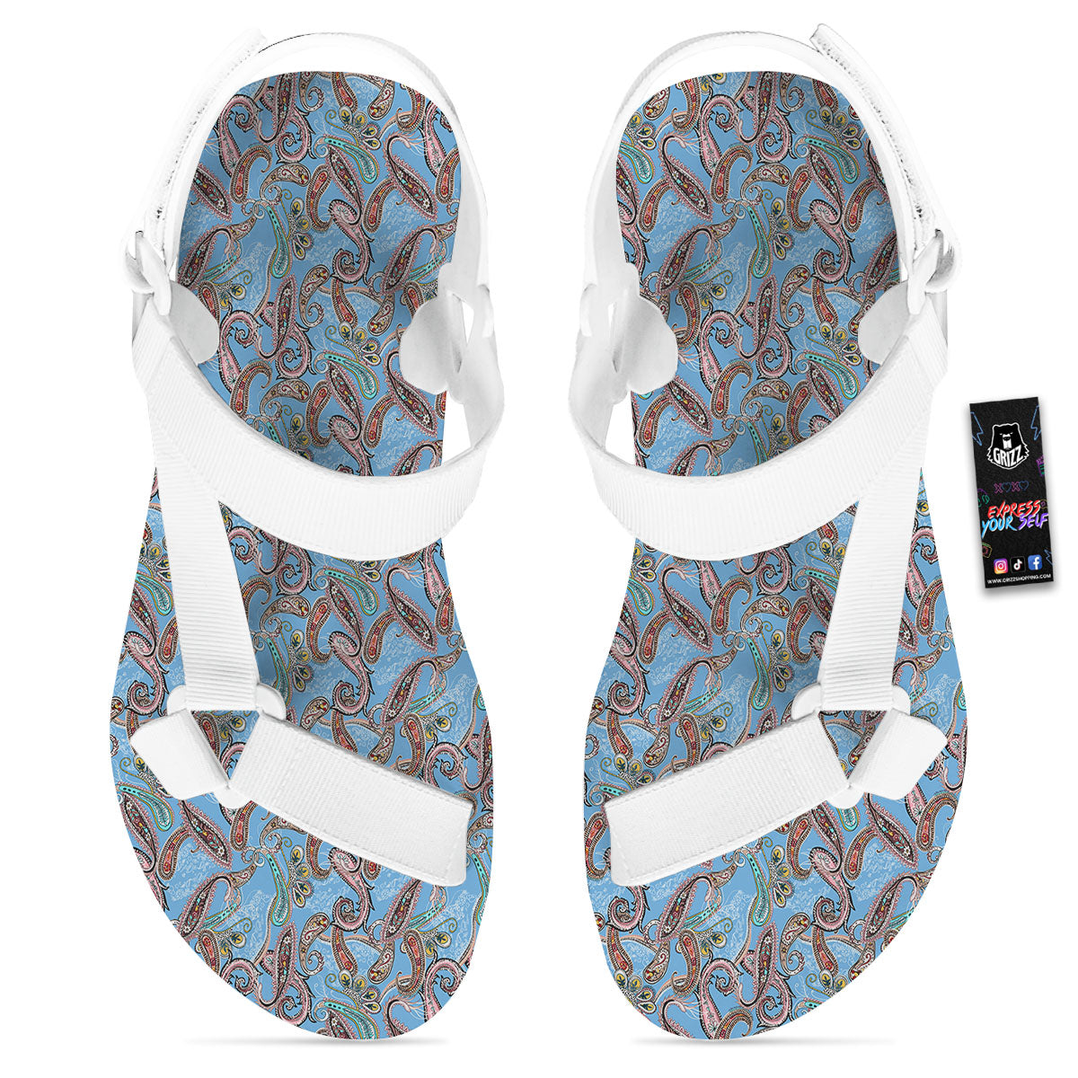 Paisley Bohemian Blue Sky Print Pattern White Open Toe Sandals-grizzshop