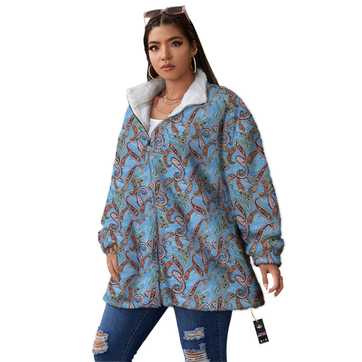 Paisley Bohemian Blue Sky Print Pattern Women's Sherpa Jacket-grizzshop