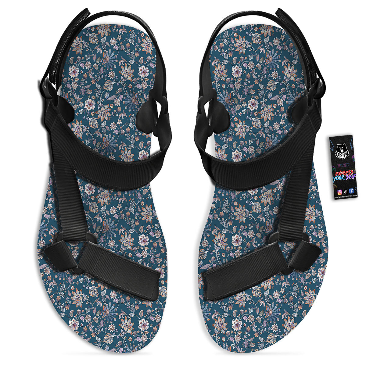 Paisley Bohemian Print Pattern Black Open Toe Sandals-grizzshop