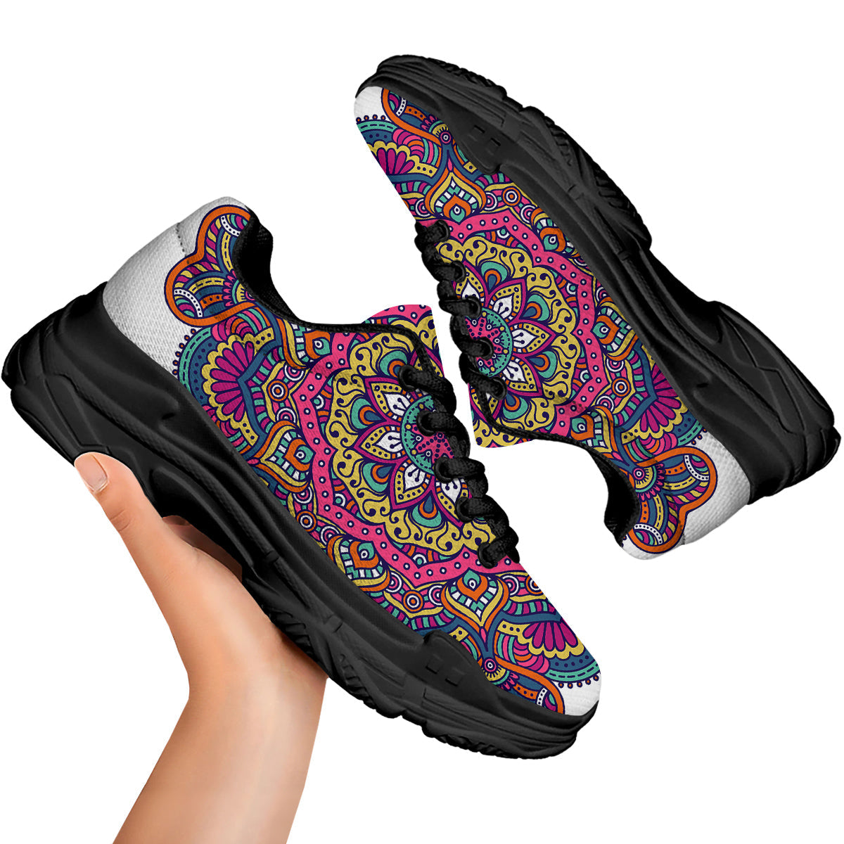 Paisley Boho Colorful Print Black Chunky Shoes-grizzshop
