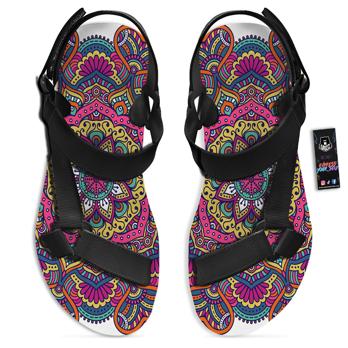 Paisley Boho Colorful Print Black Open Toe Sandals-grizzshop