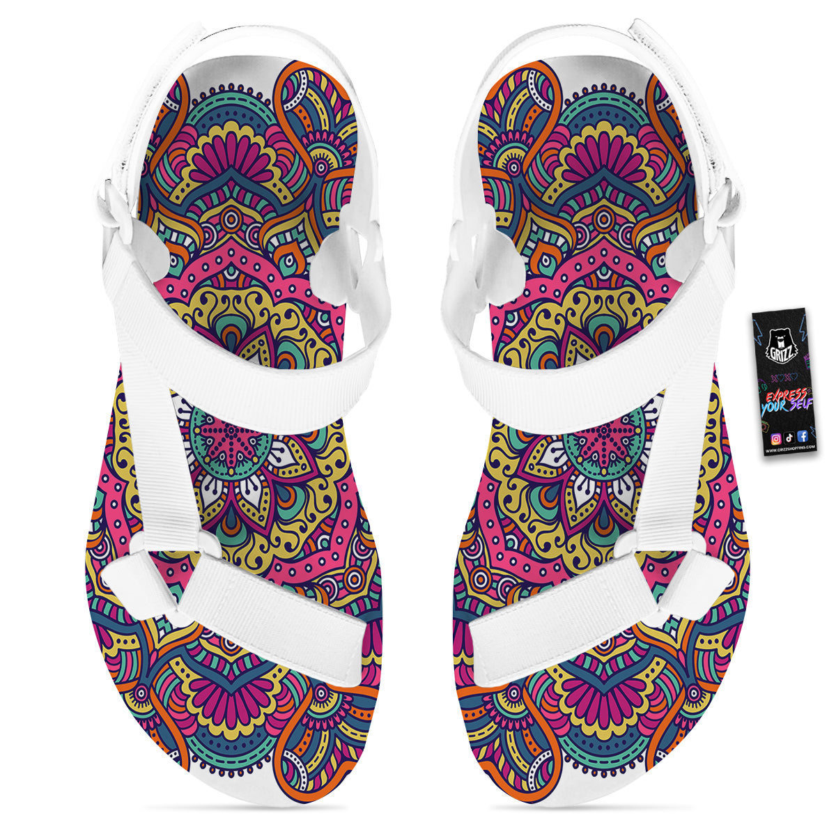 Paisley Boho Colorful Print White Open Toe Sandals-grizzshop