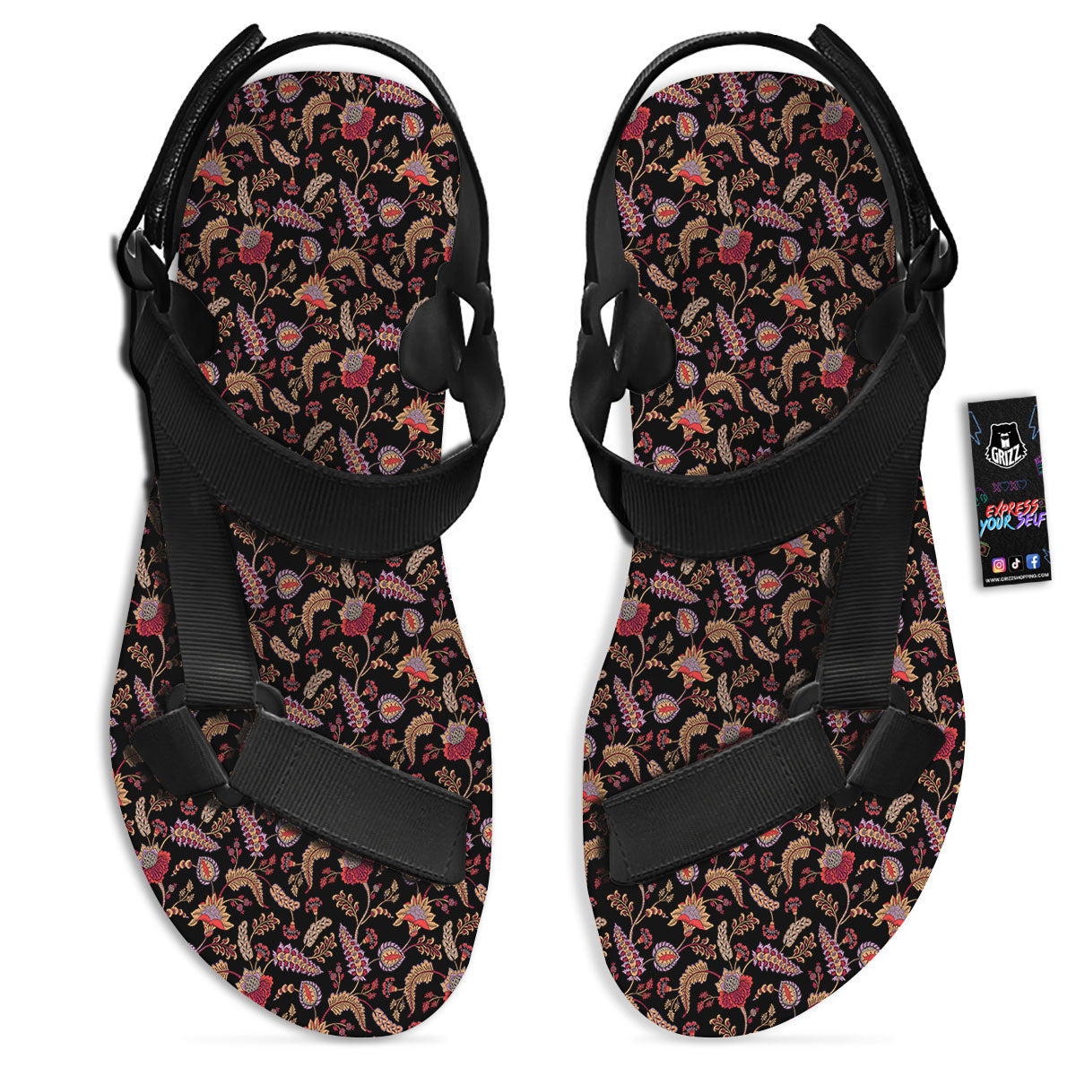 Paisley Boho Print Pattern Black Open Toe Sandals-grizzshop