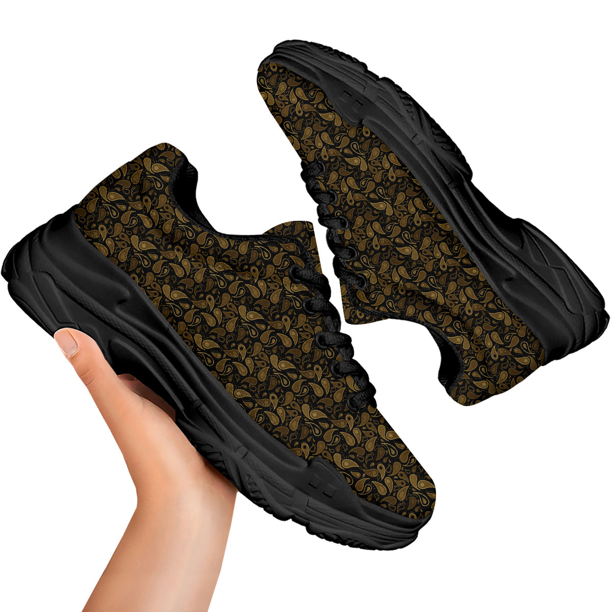 Paisley Dark Brown Print Pattern Black Chunky Shoes-grizzshop