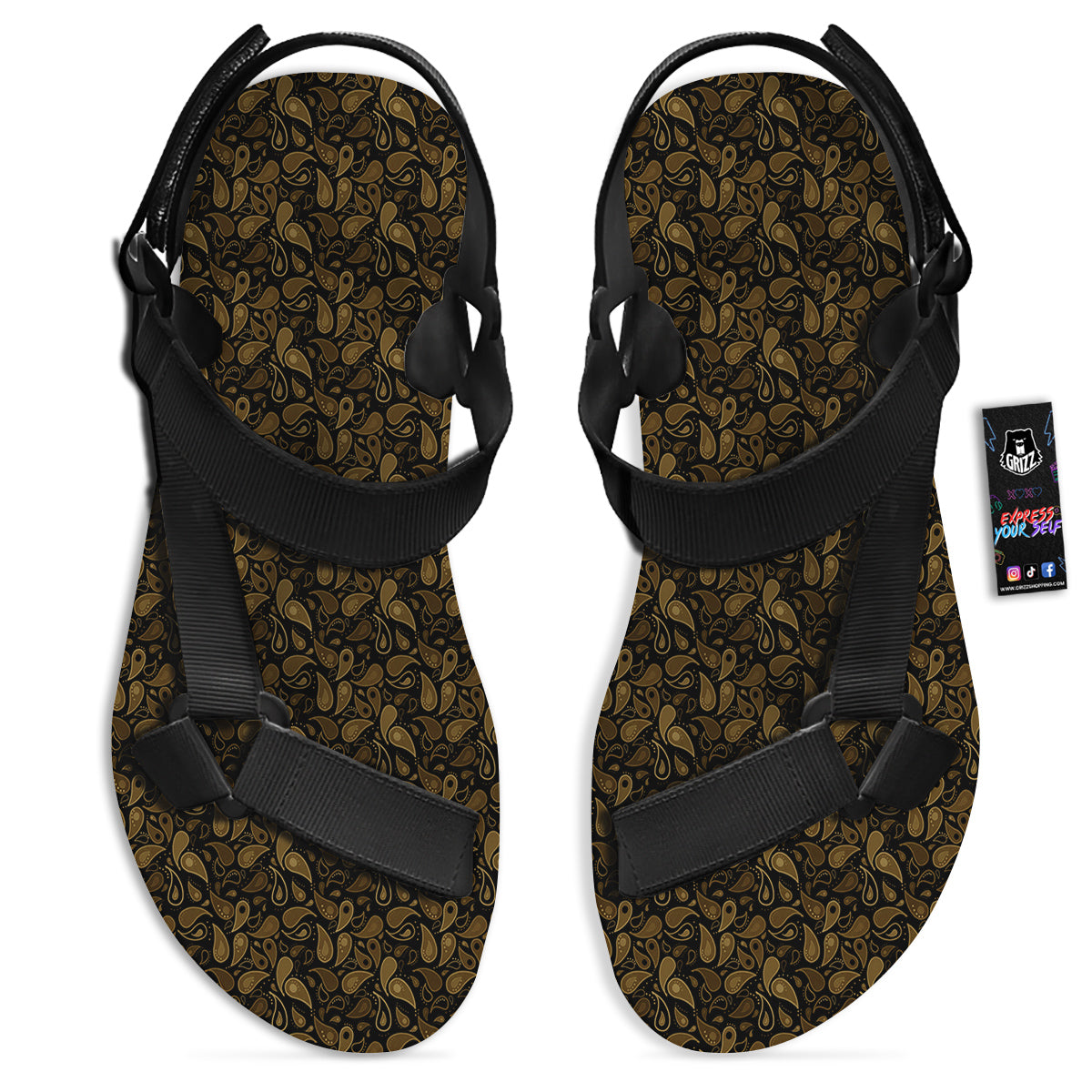 Paisley Dark Brown Print Pattern Black Open Toe Sandals-grizzshop