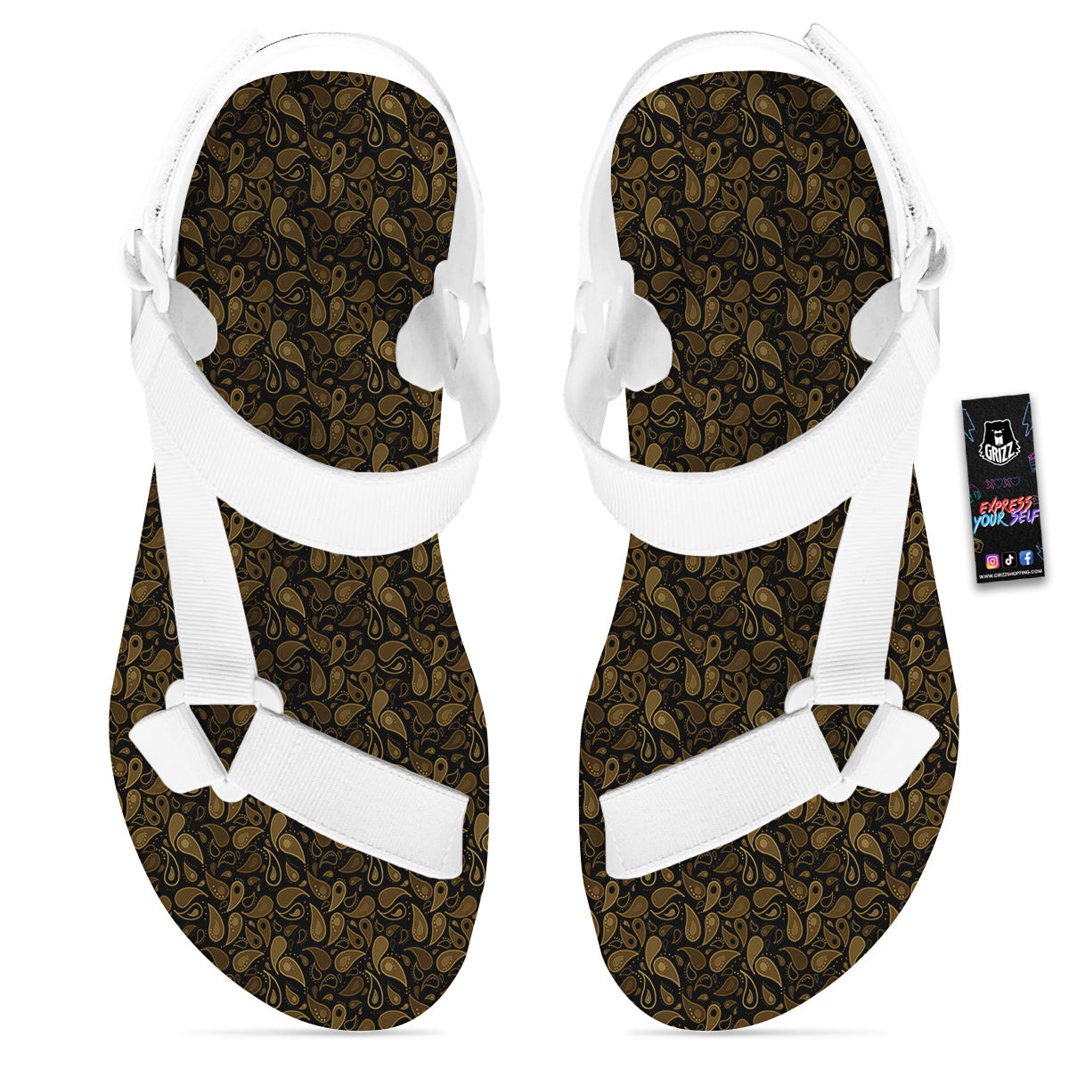 Paisley Dark Brown Print Pattern White Open Toe Sandals-grizzshop