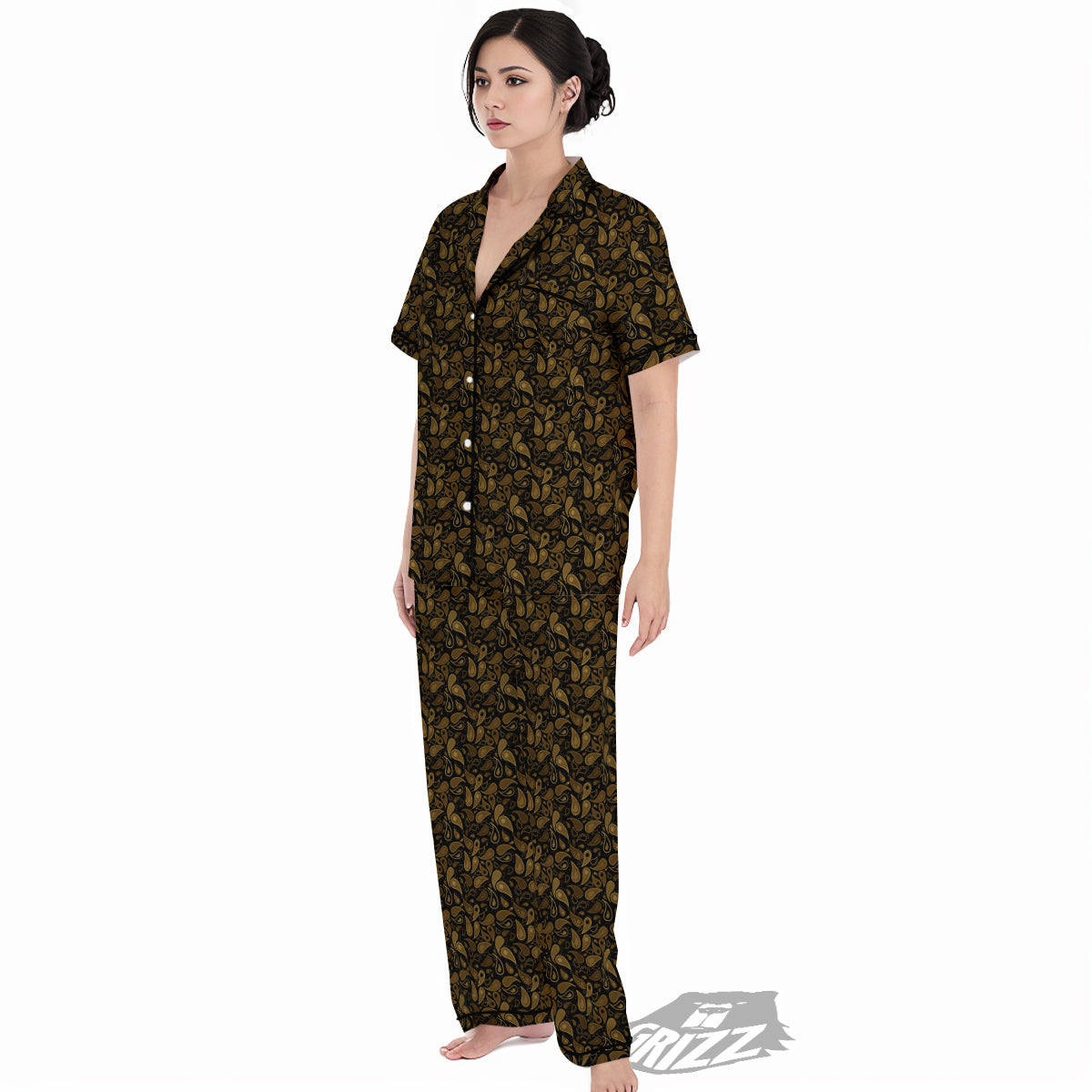 Paisley Dark Brown Print Pattern Women's Pajamas Set-grizzshop