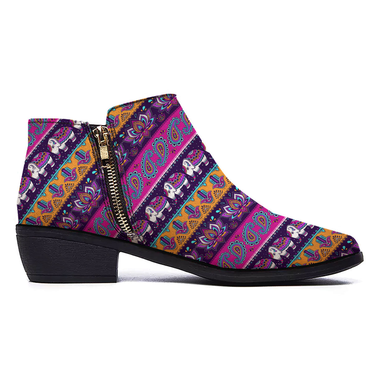 Paisley Elephant Hamsa Print Pattern Ankle Boots-grizzshop