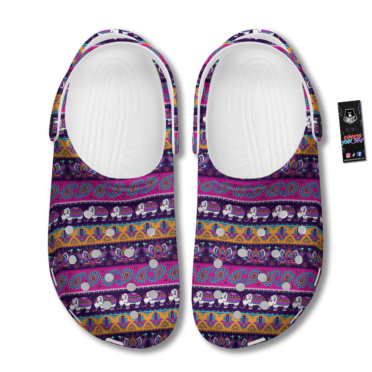 Paisley Elephant Hamsa Print Pattern Clog-grizzshop