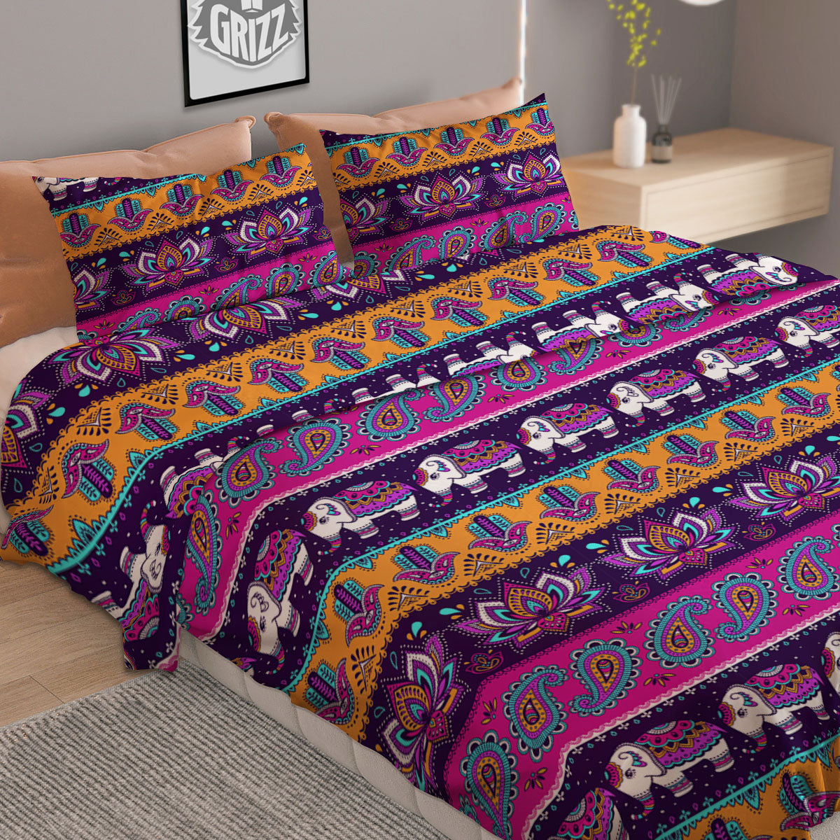 Paisley Elephant Hamsa Print Pattern Duvet Cover Bedding Set