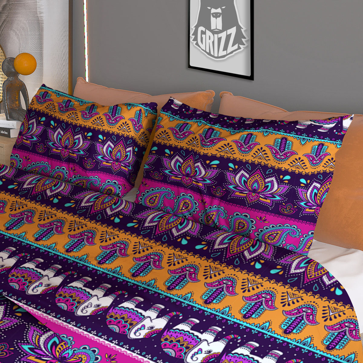 Paisley Elephant Hamsa Print Pattern Duvet Cover Bedding Set