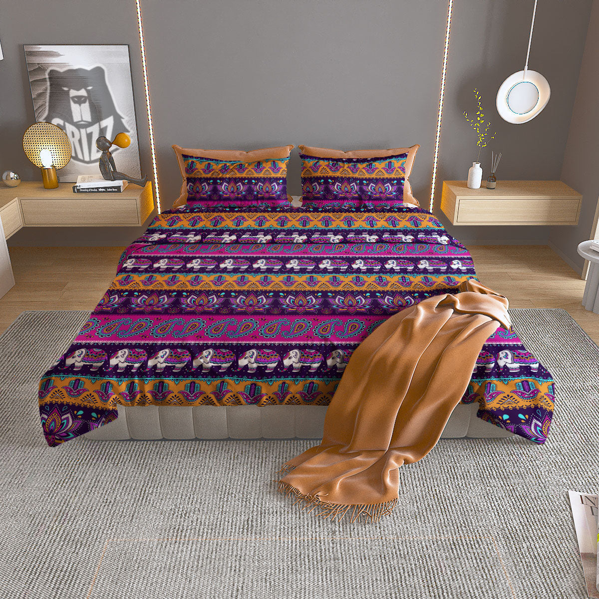 Paisley Elephant Hamsa Print Pattern Duvet Cover Bedding Set