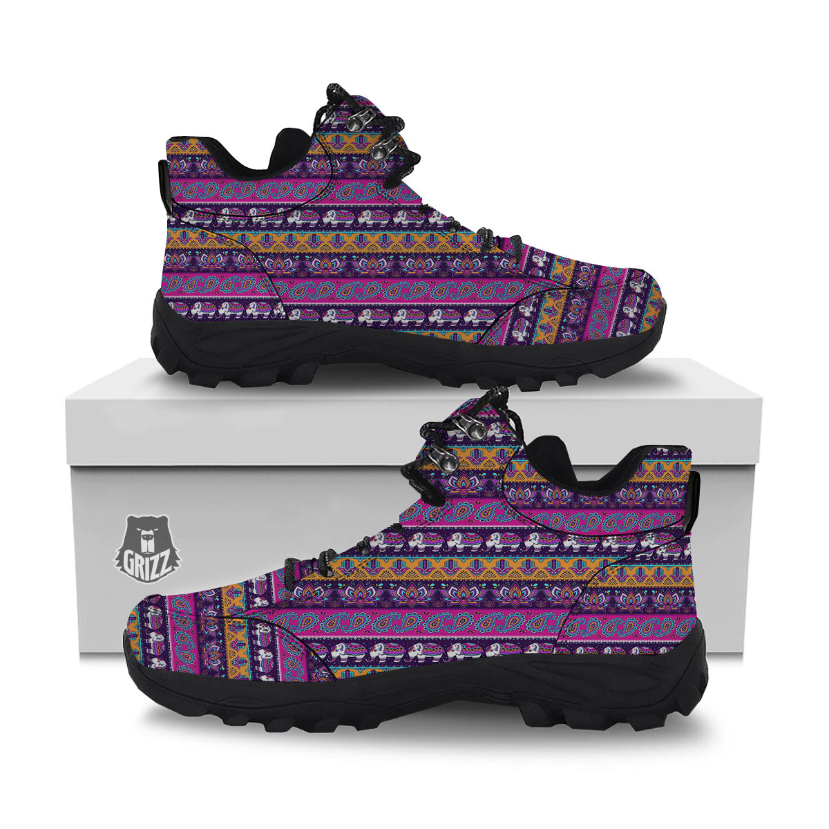 Paisley Elephant Hamsa Print Pattern Hiking Shoes-grizzshop