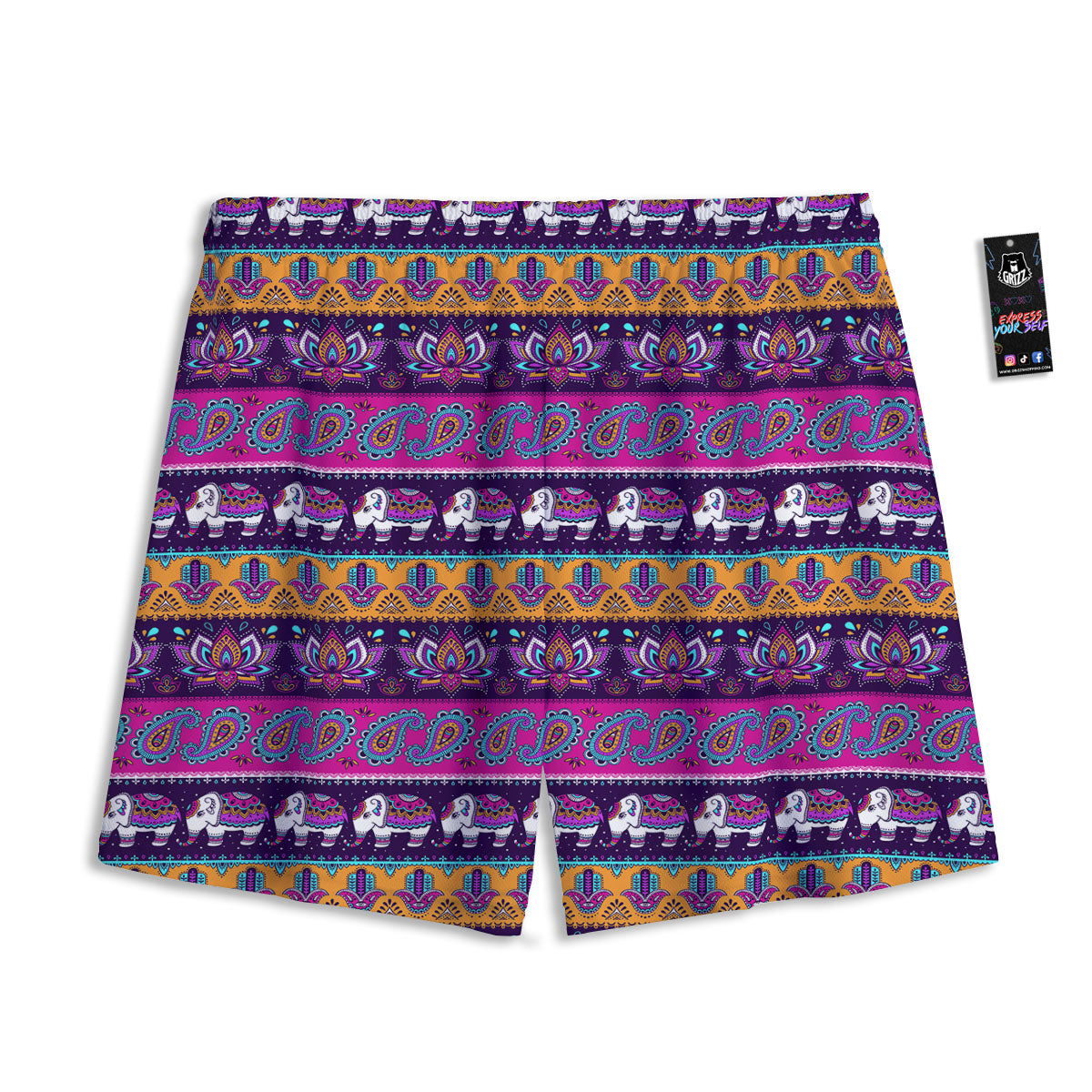 Paisley Elephant Hamsa Print Pattern Mesh Shorts