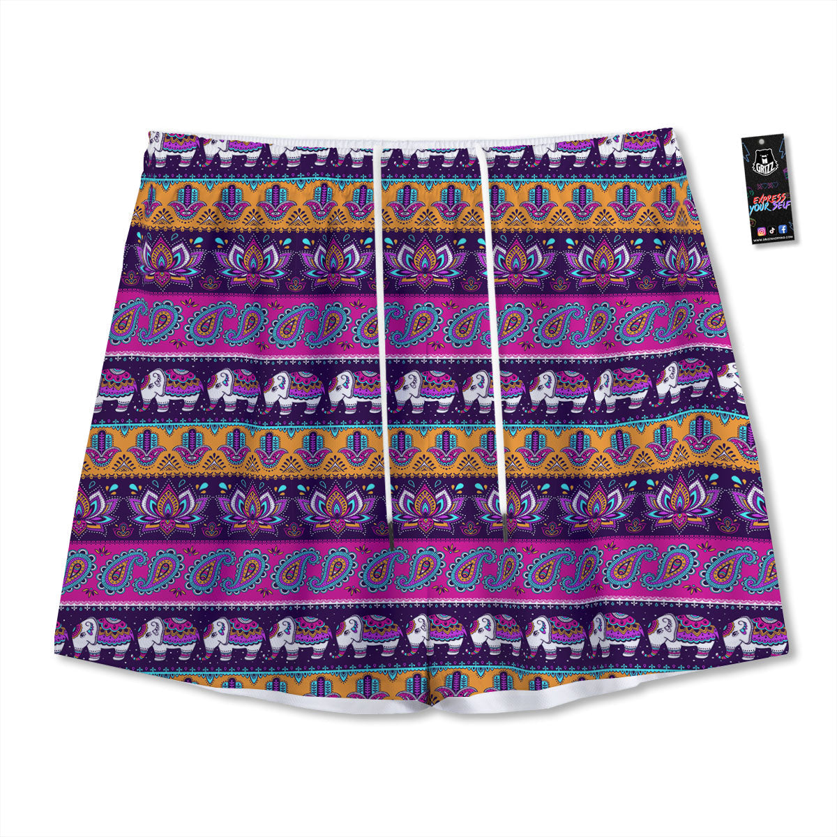 Paisley Elephant Hamsa Print Pattern Mesh Shorts