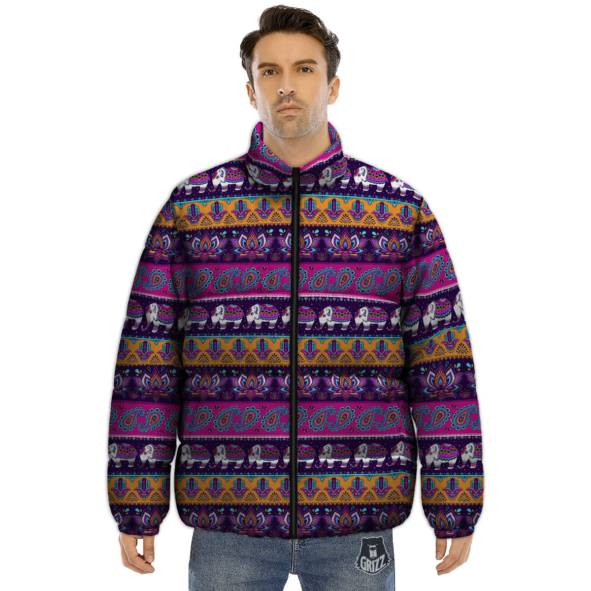 Paisley Elephant Hamsa Print Pattern Puffer Jacket-grizzshop