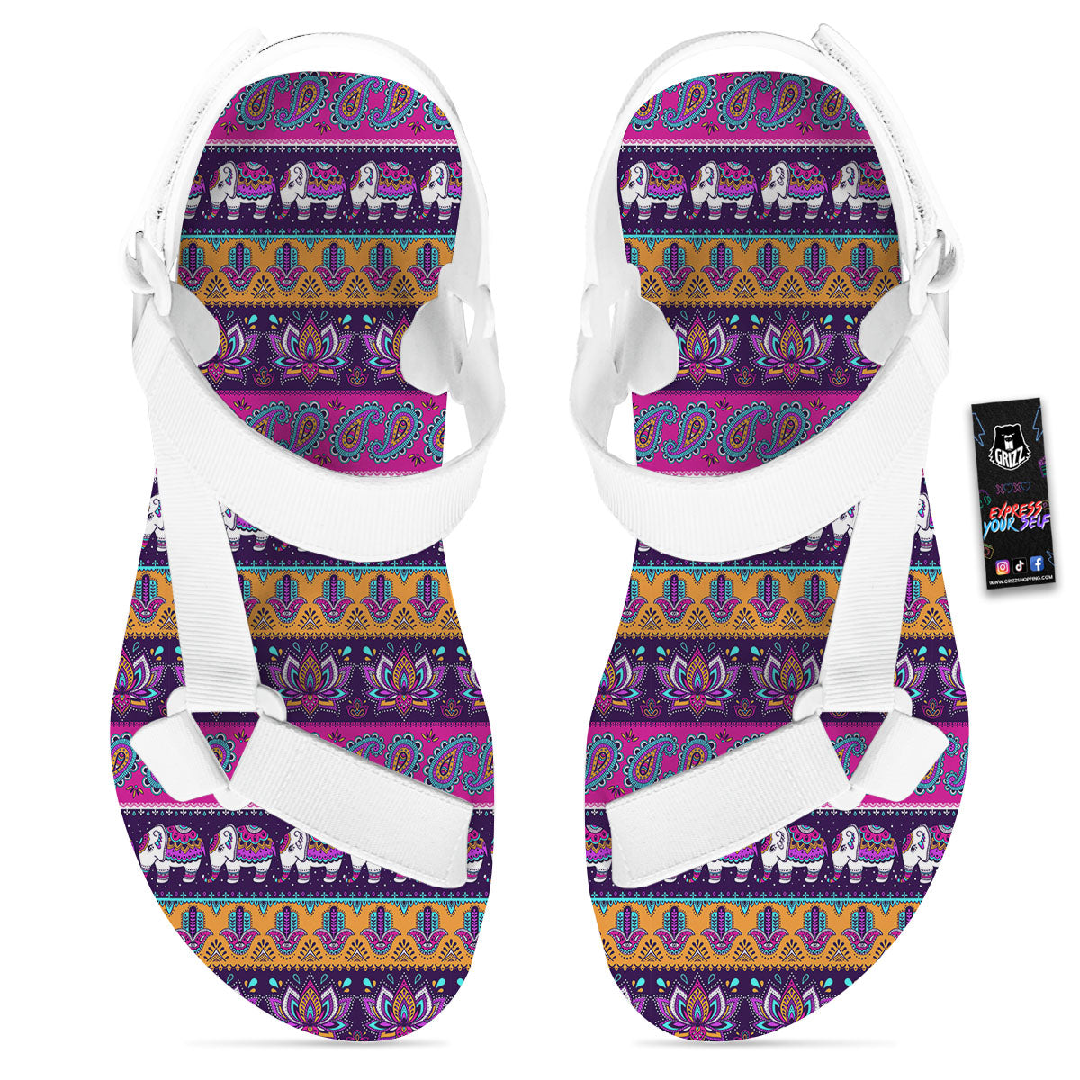Paisley Elephant Hamsa Print Pattern White Open Toe Sandals-grizzshop