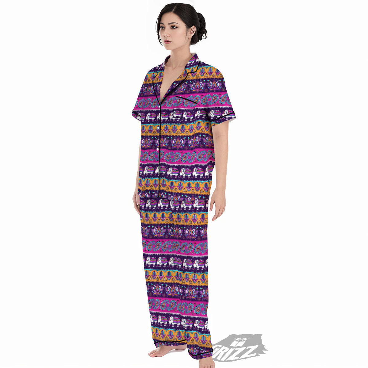 Paisley Elephant Hamsa Print Pattern Women's Pajamas Set-grizzshop