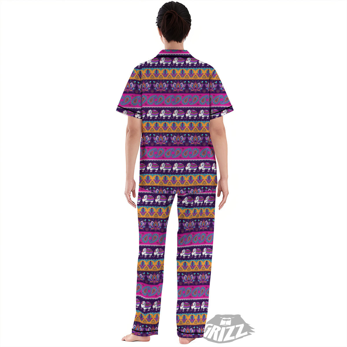 Paisley Elephant Hamsa Print Pattern Women's Pajamas Set-grizzshop