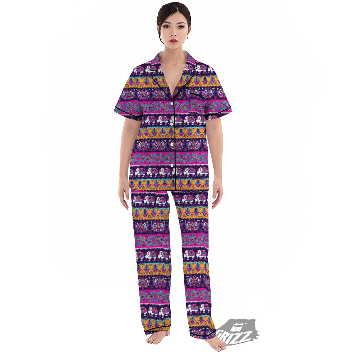 Paisley Elephant Hamsa Print Pattern Women's Pajamas Set-grizzshop