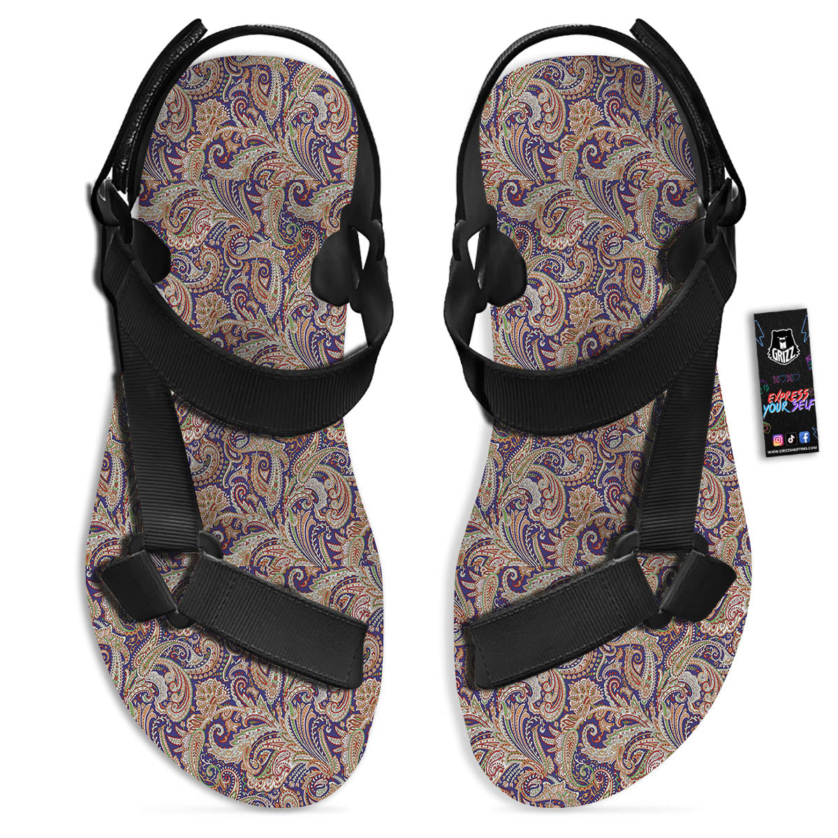 Paisley Indian Colorful Print Pattern Black Open Toe Sandals-grizzshop