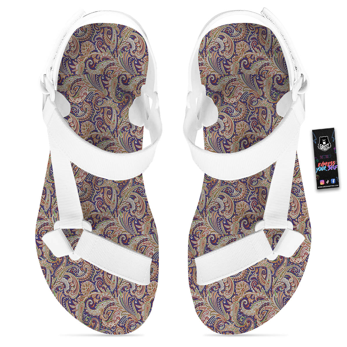 Paisley Indian Colorful Print Pattern White Open Toe Sandals-grizzshop