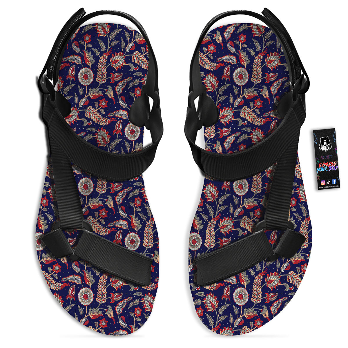 Paisley Indian Print Pattern Black Open Toe Sandals-grizzshop