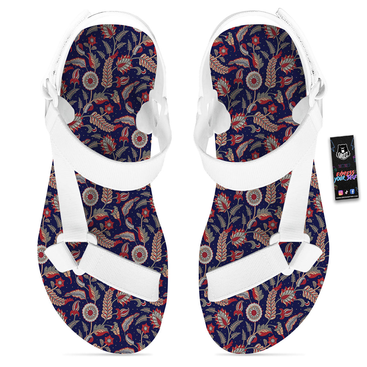 Paisley Indian Print Pattern White Open Toe Sandals-grizzshop