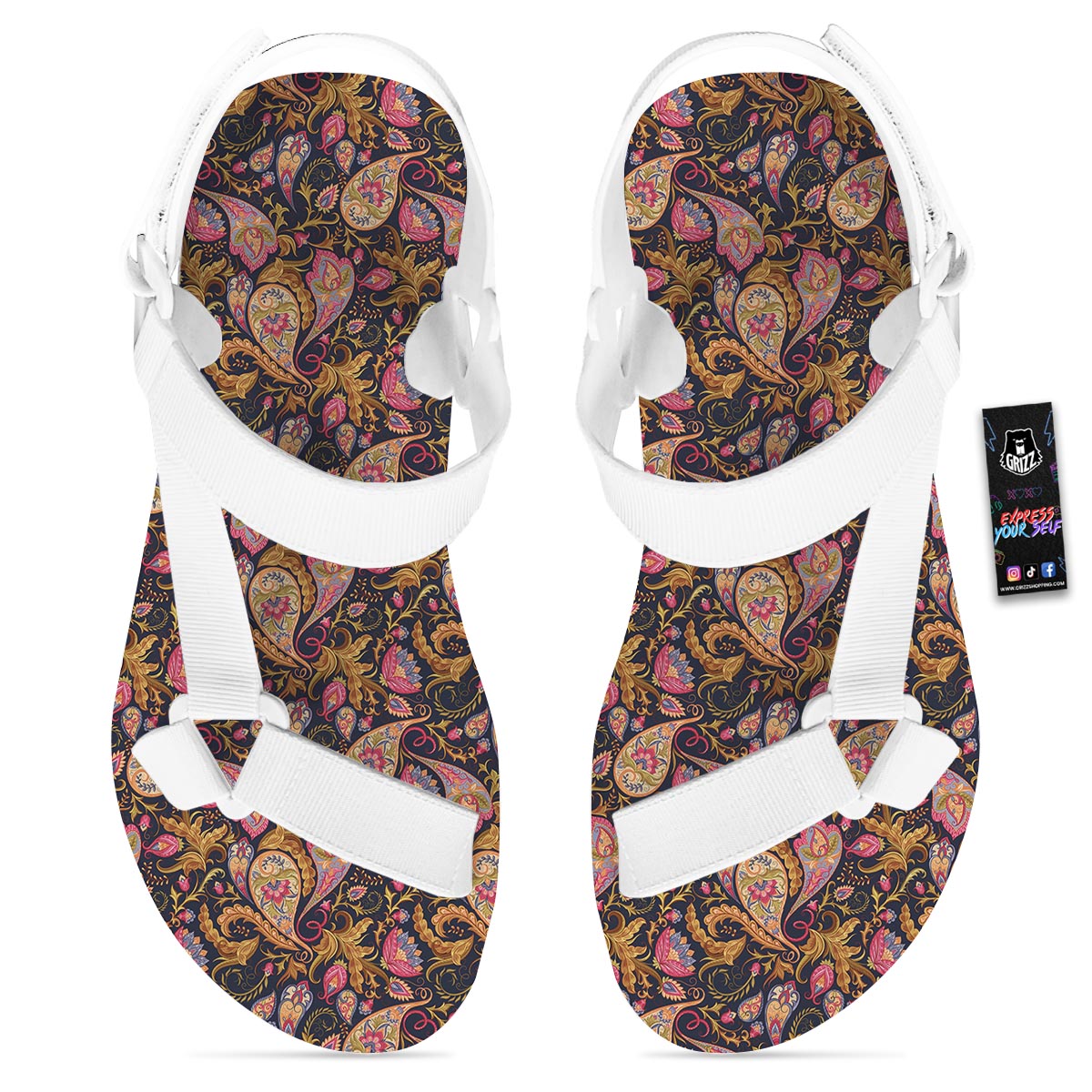 Paisley Indian Retro Print Pattern White Open Toe Sandals-grizzshop