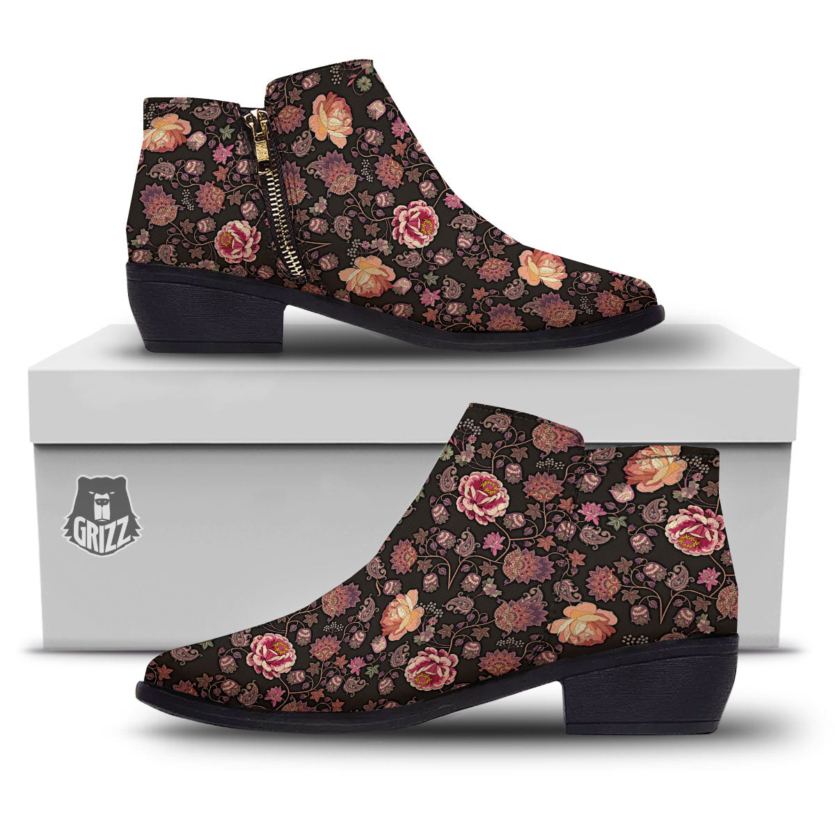 Paisley Indian Rose Print Pattern Ankle Boots-grizzshop