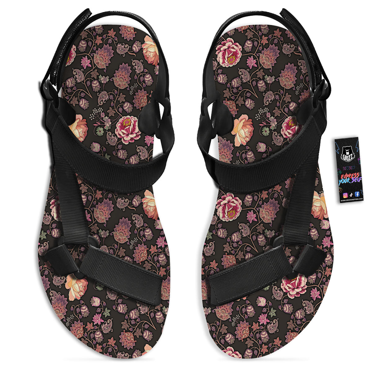 Paisley Indian Rose Print Pattern Black Open Toe Sandals-grizzshop