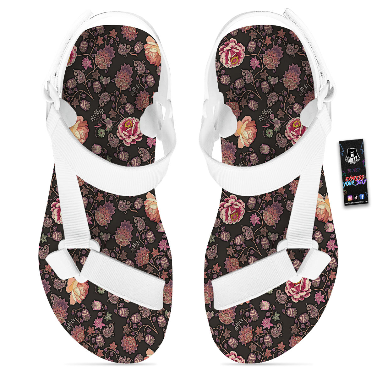 Paisley Indian Rose Print Pattern White Open Toe Sandals-grizzshop