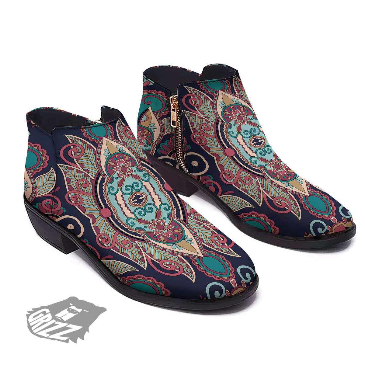 Paisley Mandala Ornamental Print Ankle Boots-grizzshop